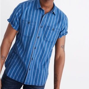Madewell Men's Short-Sleeve Button-Down Workshirt in Atlantic Indigo Stripe XXL